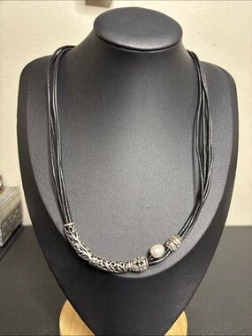 Black Multi-Strand Leather Necklace with Silver Filigree and Pearl Accent